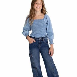 Jordache Girls Smocked Denim Long Sleeve Top Light Enzyme Wash Size M (7–8)